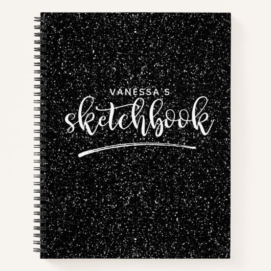 Gepersonaliseerde Elegant Zwart Glitter Sketchbook Notitieboek (Voorkant)