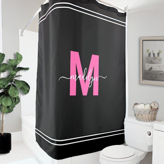 Gepersonaliseerde Elegant Zwart Roze Naam Monogram Douchegordijn