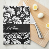 Gepersonaliseerde Elegant Zwart Wit Damast Theedoek (Quarter Fold)