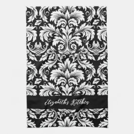 Gepersonaliseerde Elegant Zwart Wit Damast Theedoek