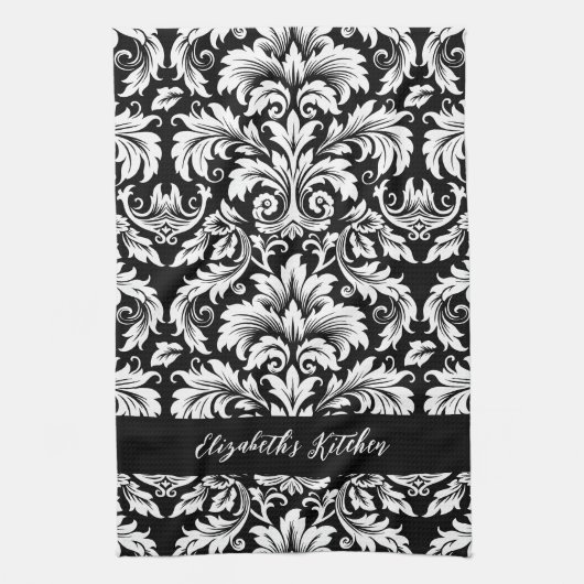 Gepersonaliseerde Elegant Zwart Wit Damast Theedoek (Verticaal)