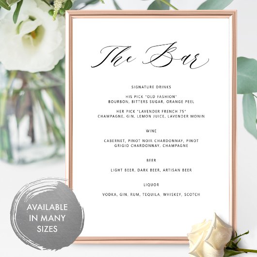 Gepersonaliseerde Elegante Bar Menu Bruiloft Drink Poster