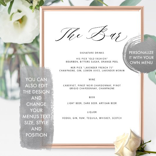 Gepersonaliseerde Elegante Bar Menu Bruiloft Drink Poster