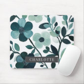 Gepersonaliseerde Elegante Blauwe Aqua Floral Mous Muismat (Met muis)