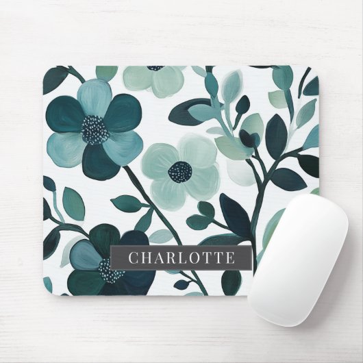 Gepersonaliseerde Elegante Blauwe Aqua Floral Mous Muismat (Met muis)