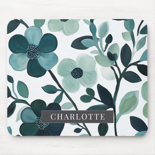 Gepersonaliseerde Elegante Blauwe Aqua Floral Mous Muismat (Voorkant)