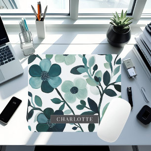 Gepersonaliseerde Elegante Blauwe Aqua Floral Mous Muismat