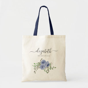 Gepersonaliseerde Elegante Bloemen Marine Blauw Br Tote Bag