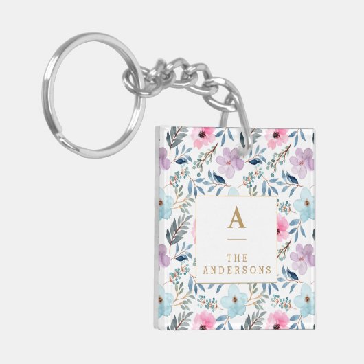 Gepersonaliseerde Elegante Bloemmonogram Pastel Na Sleutelhanger (Voorkant Links)