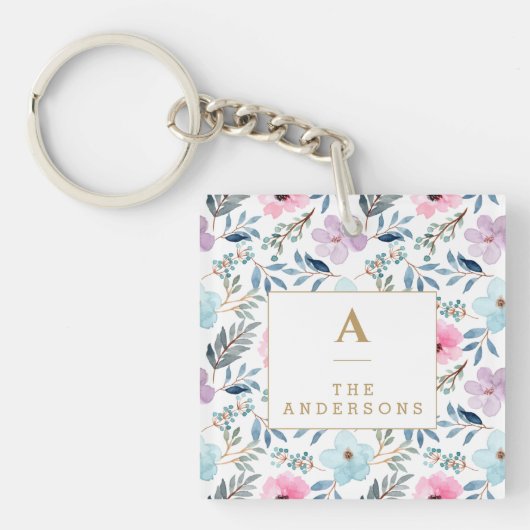 Gepersonaliseerde Elegante Bloemmonogram Pastel Na Sleutelhanger (Voorkant)