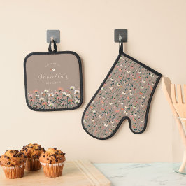 Gepersonaliseerde Elegante Boho Chic Wildflower Ovenwant & Pannenlap Set