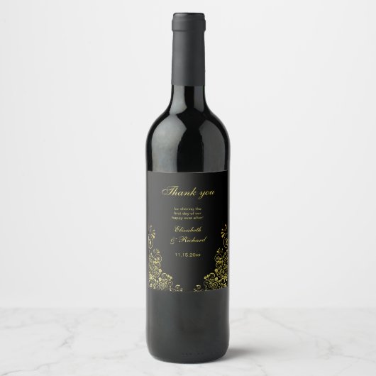 Gepersonaliseerde elegante bruiloft zwart goud dan wijn etiket (Voorkant)