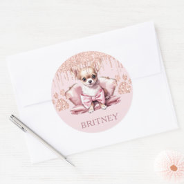 Gepersonaliseerde Elegante chihuahua Hond met Glit Ronde Sticker