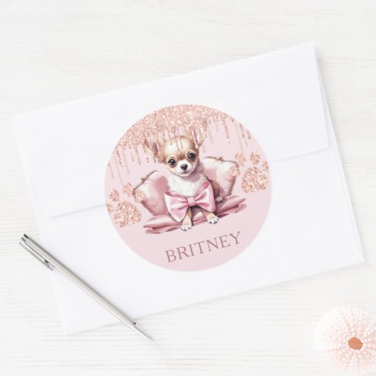 Gepersonaliseerde Elegante chihuahua Hond met Glit Ronde Sticker (Envelop)