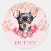 Gepersonaliseerde Elegante chihuahua Hond met Glit Ronde Sticker (Voorkant)