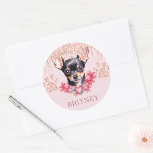 Gepersonaliseerde Elegante chihuahua Hond met Glit Ronde Sticker (Envelop)