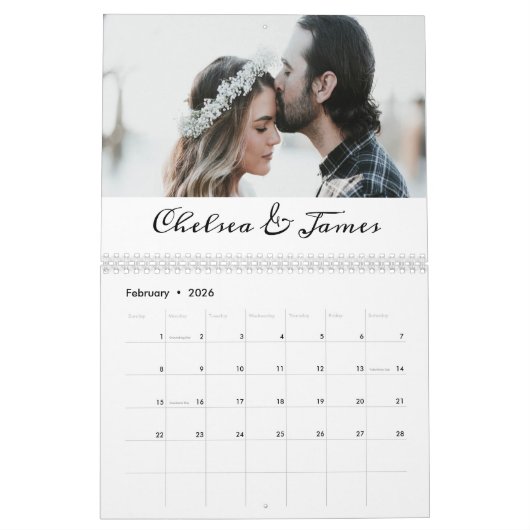 Gepersonaliseerde elegante kalligrafie paar foto kalender (Feb 2026)