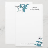 Gepersonaliseerde Elegante Lente Bloesems Wit Blau Briefpapier (Voorkant / Achterkant)