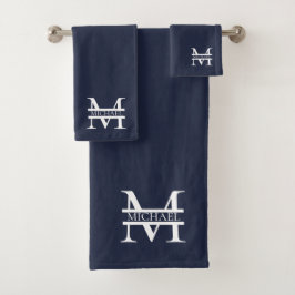 Gepersonaliseerde Elegante Marine Blauw Monogram e Bad Handdoek