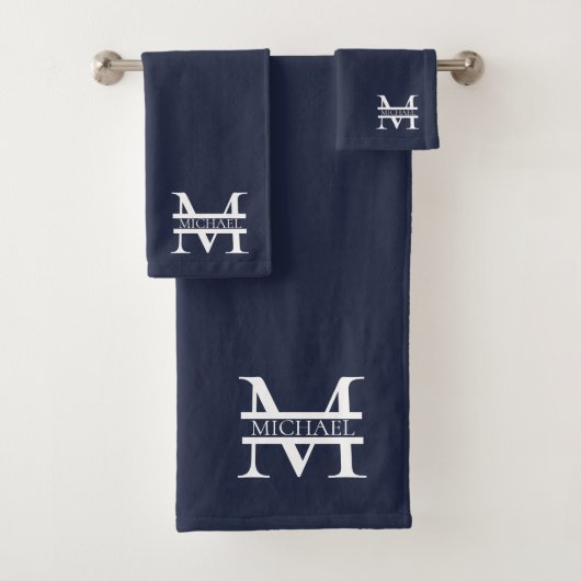 Gepersonaliseerde Elegante Marine Blauw Monogram e Bad Handdoek (Insitu)