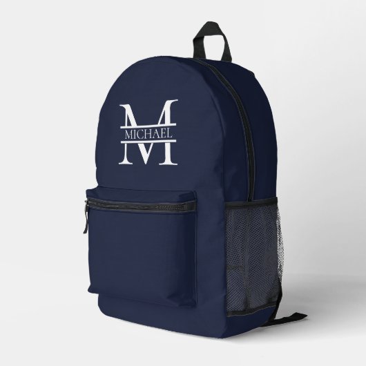 Gepersonaliseerde Elegante Marine Blauw Monogram e Bedrukte Rugzak (Achterkant Hoek Rechts)