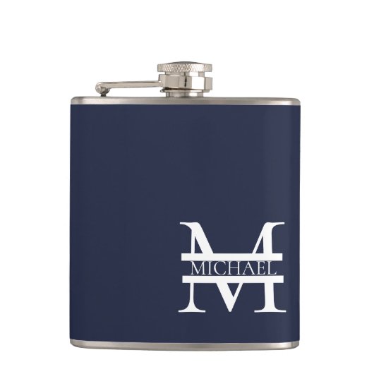 Gepersonaliseerde Elegante Marine Blauw Monogram e Heupfles (Voorkant)