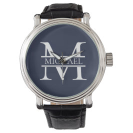 Gepersonaliseerde Elegante Marine Blauw Monogram e Horloge