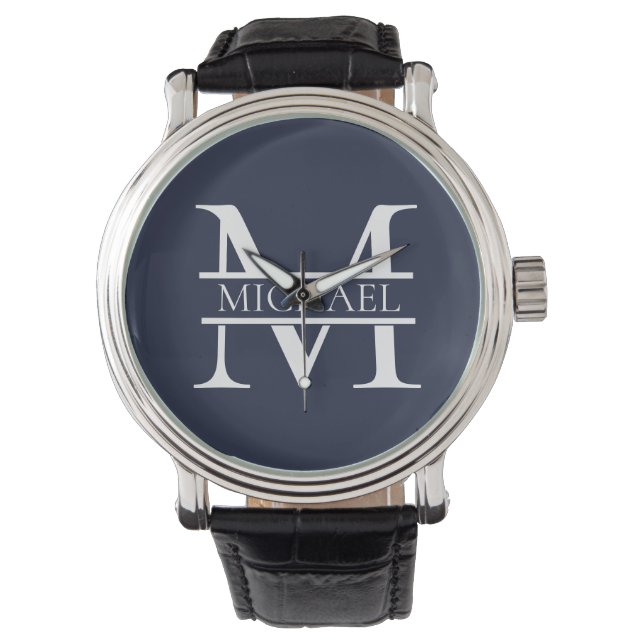 Gepersonaliseerde Elegante Marine Blauw Monogram e Horloge (Voorkant)