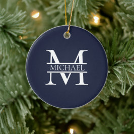 Gepersonaliseerde Elegante Marine Blauw Monogram e Keramisch Ornament
