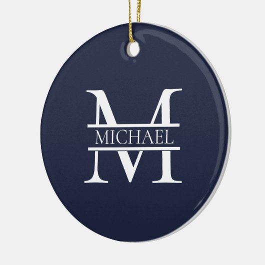 Gepersonaliseerde Elegante Marine Blauw Monogram e Keramisch Ornament (Links)