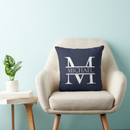 Gepersonaliseerde Elegante Marine Blauw Monogram e Kussen