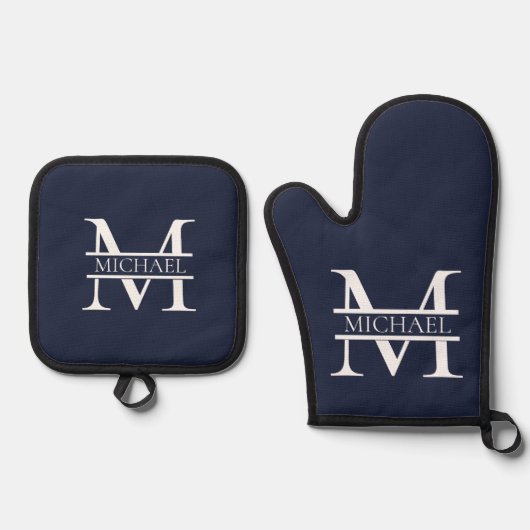 Gepersonaliseerde Elegante Marine Blauw Monogram e Ovenwant & Pannenlap Set (Voorkant)