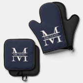 Gepersonaliseerde Elegante Marine Blauw Monogram e Ovenwant & Pannenlap Set (Voorkant / Achterkant)