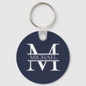 Gepersonaliseerde Elegante Marine Blauw Monogram e Sleutelhanger (Voorkant)