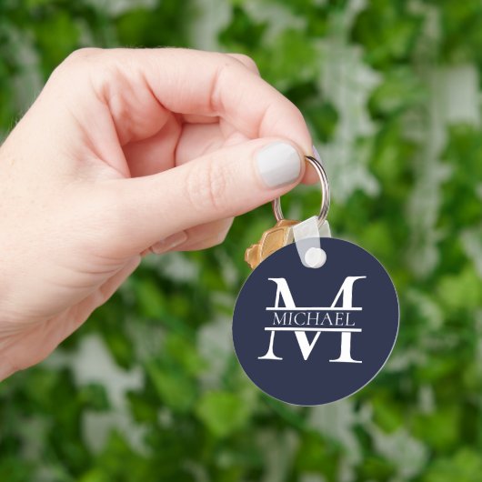 Gepersonaliseerde Elegante Marine Blauw Monogram e Sleutelhanger (Hand)
