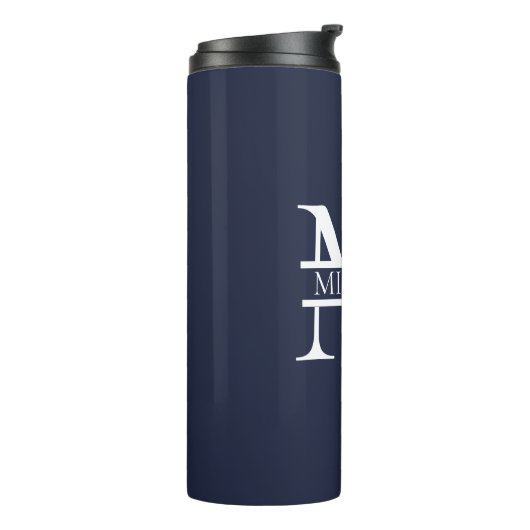 Gepersonaliseerde Elegante Marine Blauw Monogram e Thermosbeker (Gedraaid links)