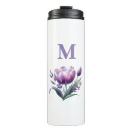 Gepersonaliseerde elegante paarse tulp monogram thermosbeker
