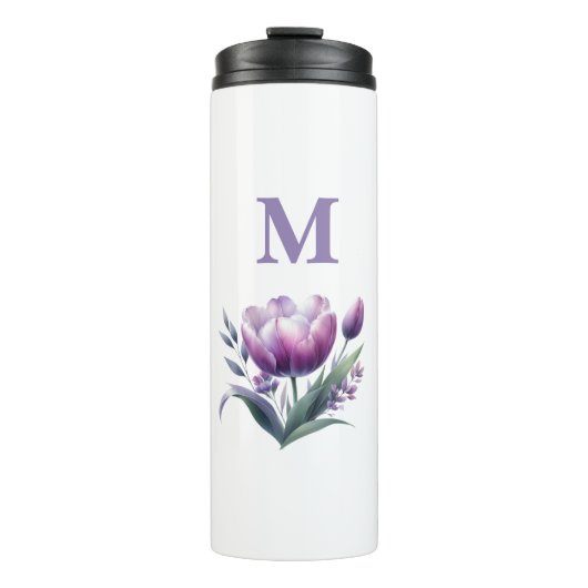 Gepersonaliseerde elegante paarse tulp monogram thermosbeker (Voorkant)