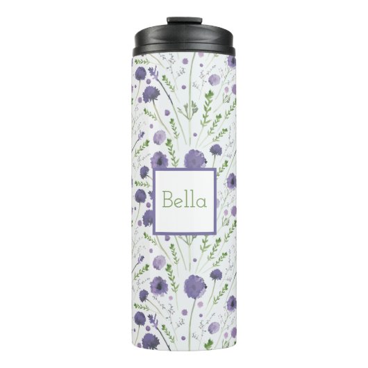 Gepersonaliseerde Elegante Paarse Waterverf Bloeme Thermosbeker (Voorkant)