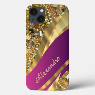 Gepersonaliseerde elegante roze en gouden bling iPhone 13 hoesje