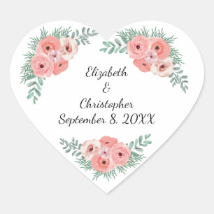 Gepersonaliseerde elegante roze en groene Floral Hart Sticker