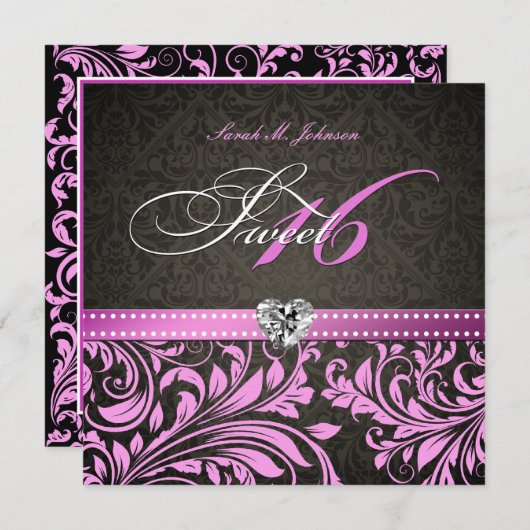 Gepersonaliseerde elegante roze & zwarte Damask Sw Kaart (Voorkant / Achterkant)