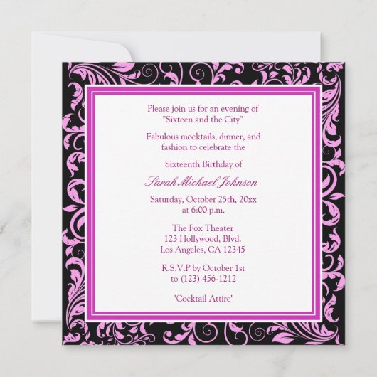 Gepersonaliseerde elegante roze & zwarte Damask Sw Kaart (Achterkant)