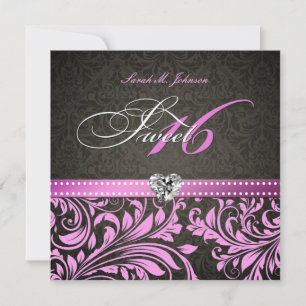 Gepersonaliseerde elegante roze & zwarte Damask Sw Kaart