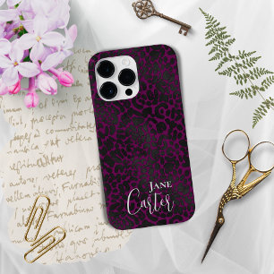 Gepersonaliseerde elegante roze zwarte luipaard Case-Mate iPhone 14 pro max hoesje