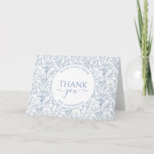 Gepersonaliseerde Elegante Toile Blue Wedding Beda Bedankkaart (Voorkant)
