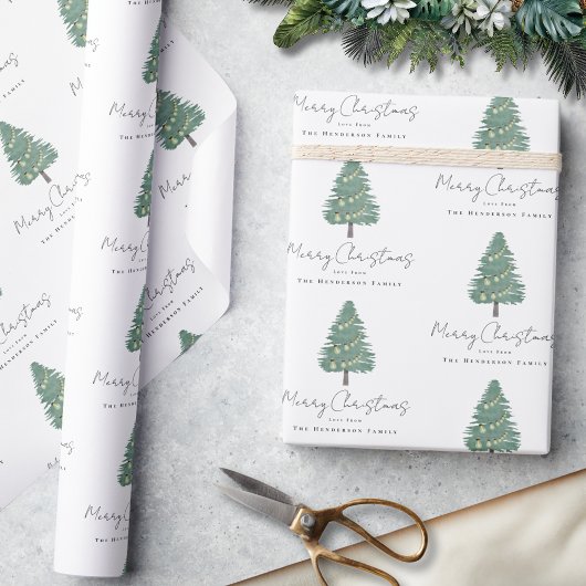 Gepersonaliseerde Elegante Waterverf Kerstboom Cadeaupapier