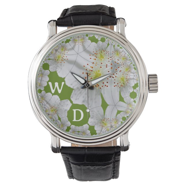 Gepersonaliseerde Elegante Witte Bloem Art Olijfgr Horloge (Voorkant)