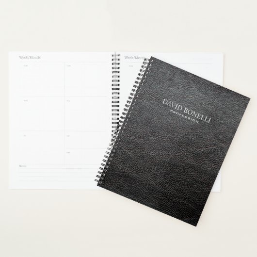 Gepersonaliseerde elegante zwarte leder-masculine planner (Display)