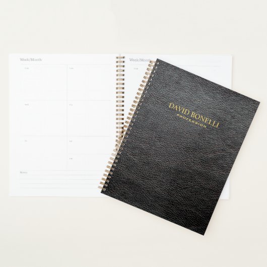 Gepersonaliseerde elegante zwarte leder-masculine planner (Display)